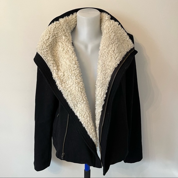 Gap Jacket Black Wool Blend Moto Winter Coat with Faux Vegan Shearling Trim Sz L - Picture 3 of 16